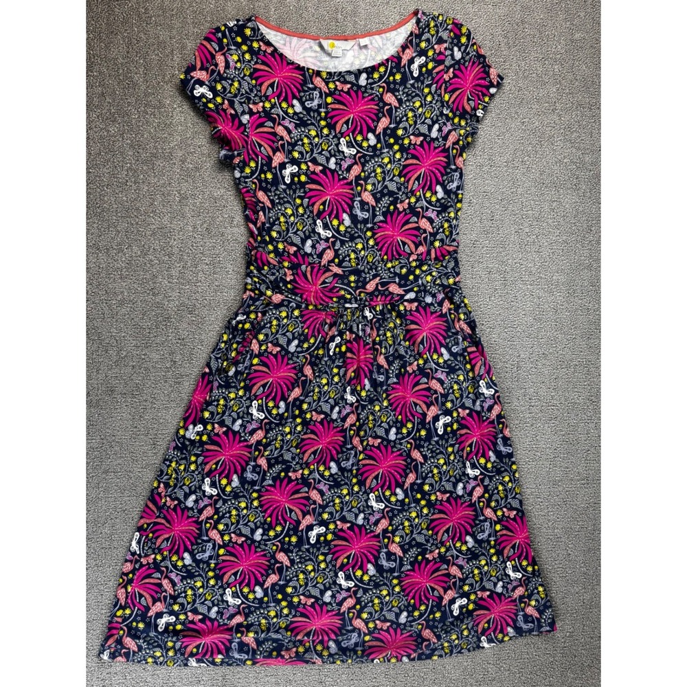 Boden Amelia Jersey Dress US 2R Navy Pink Flamingo Floral Fit & Flare Pockets